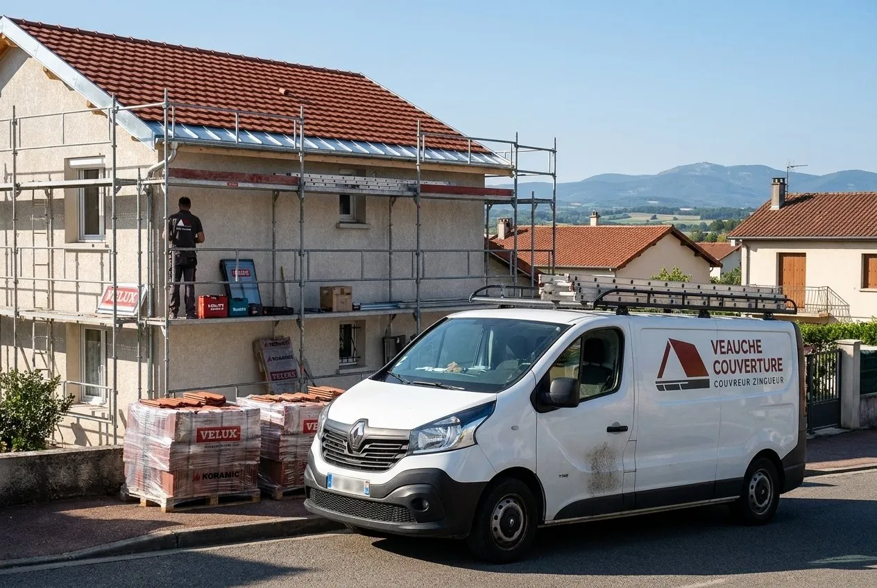 Camionnette Veauche Couverture devant une maison sous échafaudage à Veauche, palettes de tuiles et fenêtres de toit