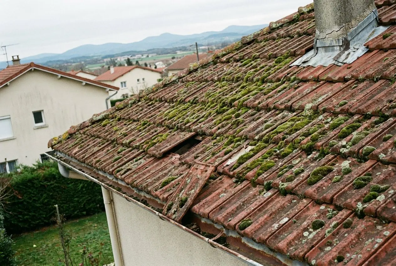 Toiture en tuiles mécaniques couverte de mousse avec tuiles cassées et gouttière rouillée avant travaux à Veauche