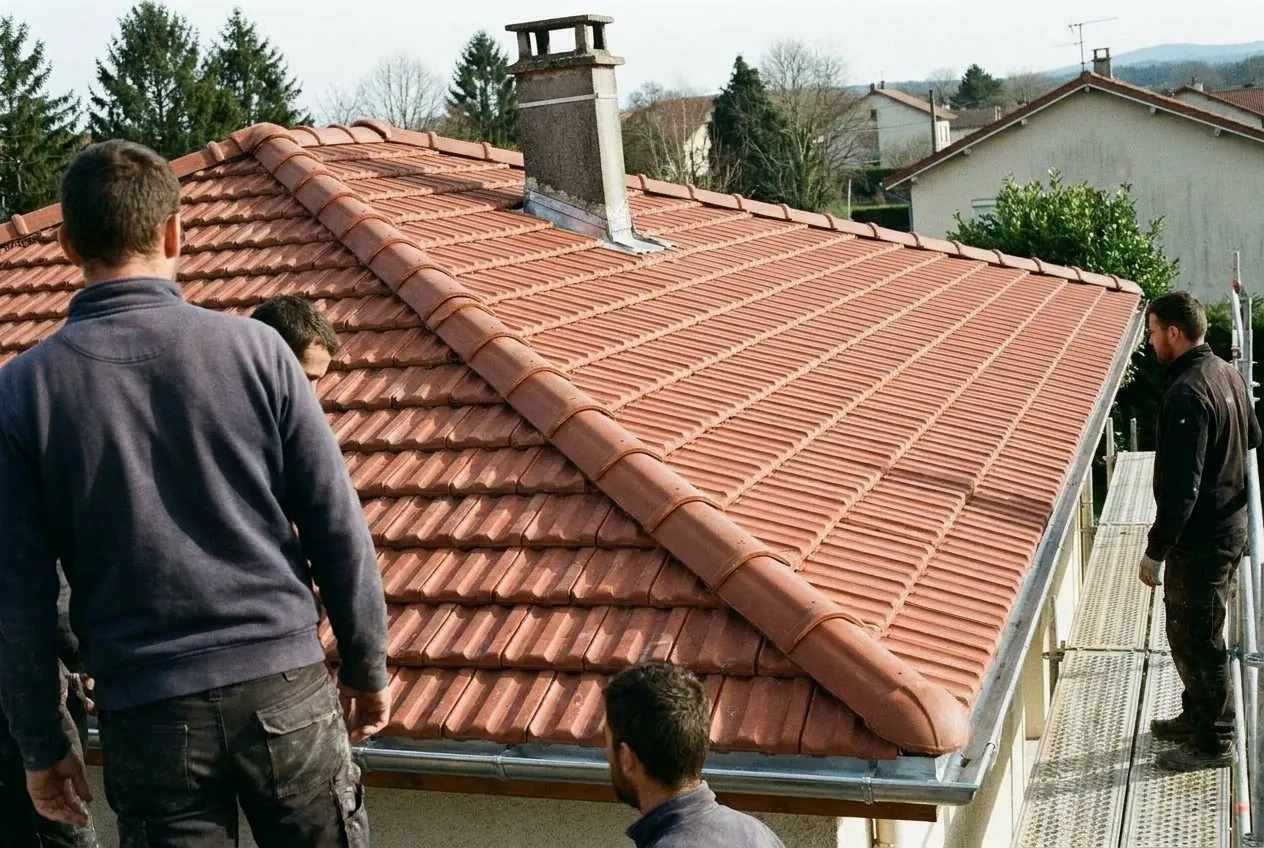 Toiture refaite en tuiles neuves avec faîtage et gouttière en zinc neufs après travaux à Veauche