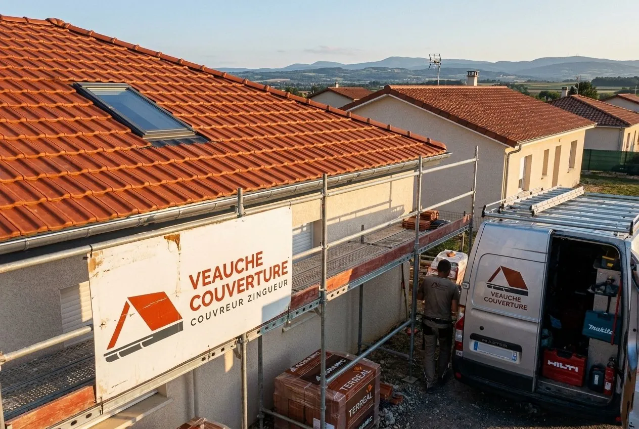 Toiture en tuiles rouges refaite avec fenêtre de toit et panneau Veauche Couverture sur l'échafaudage à Veauche